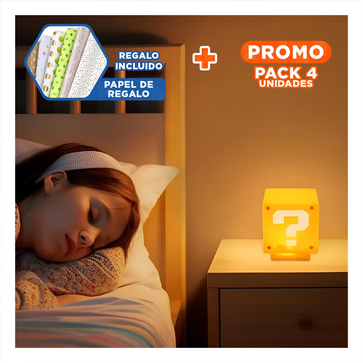 PACK4 LAMPARA LED AMARILLO EN FORMA DE CUBO ILUMINADO DE PERSONAJE DE VIDEOJUEGO Y+PAPEL REGALO - 1