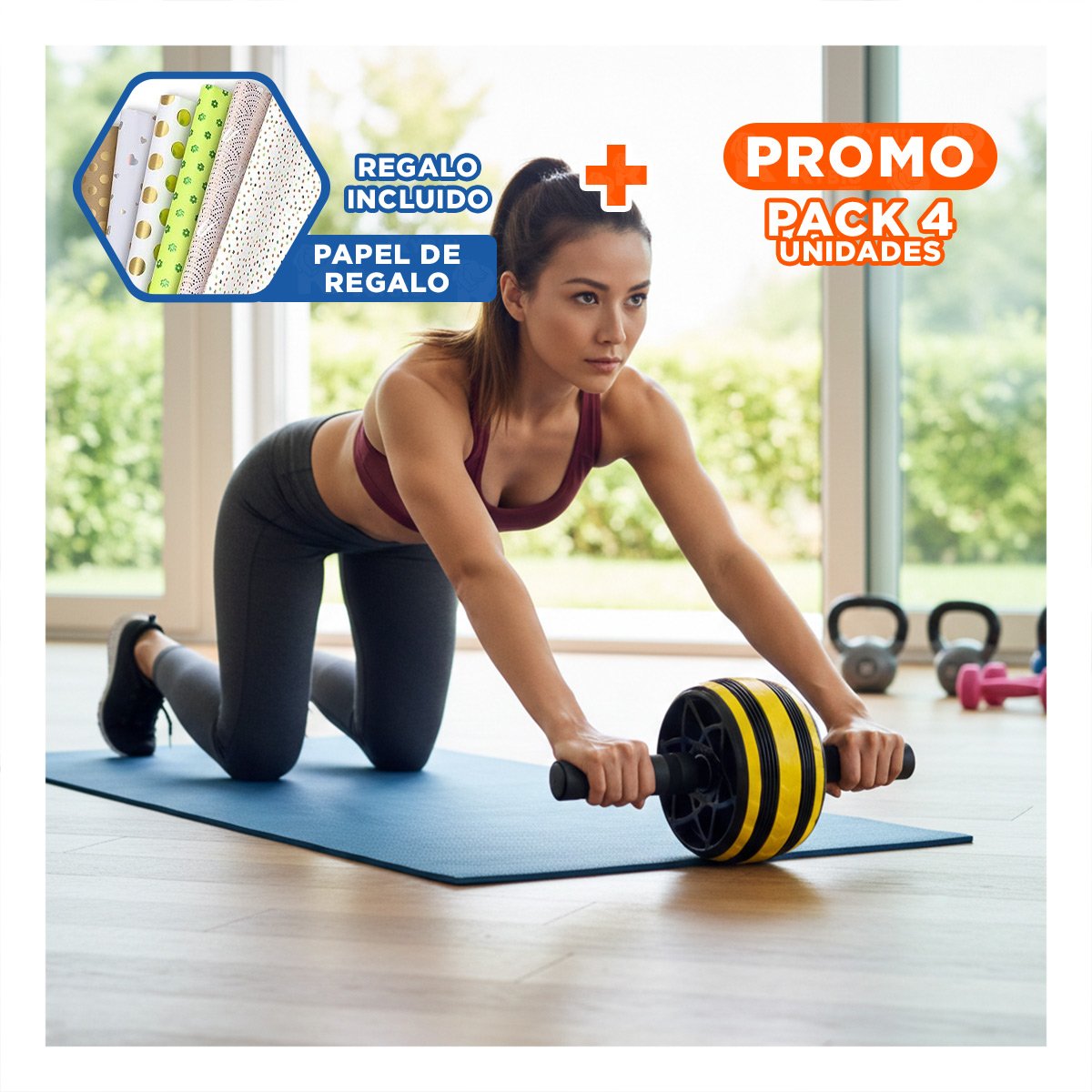 PACK4 TAMBORIN QUE TONIFICA ABDOMEN Y BRAZOS AMARILLO Y+PAPEL REGALO - 1