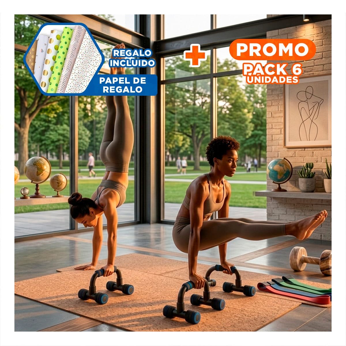 PACK6 EJE PUSH UP MULTIFUNCIONAL Y PRACTICO PARA ENTRENAMIENTO FORMA C NEGRO Y+PAPEL REGALO - 1