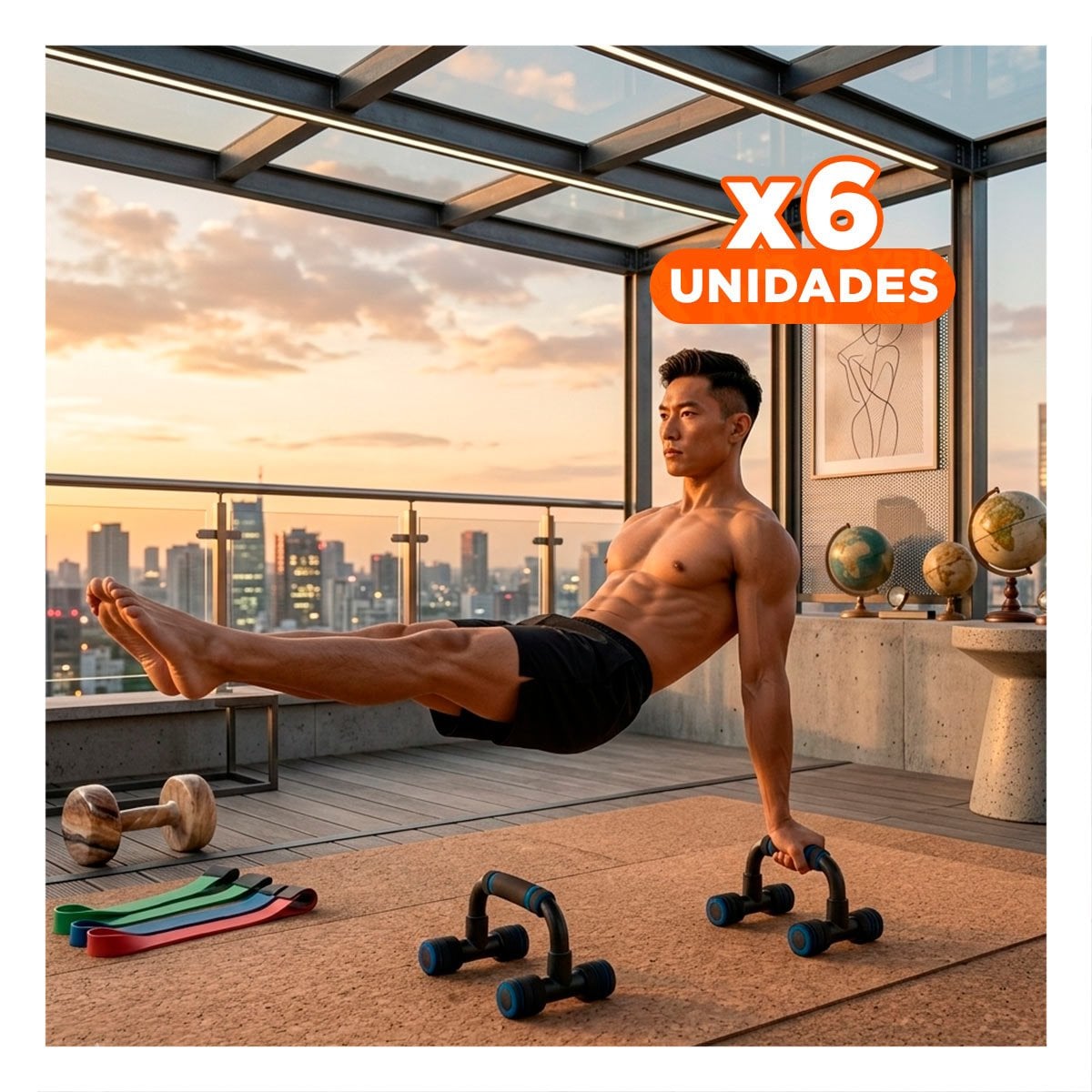 PACK6 EJE PUSH UP RESISTENTE Y LIGERO PARA MUSCULACION FORMA C NEGRO Y+REGALO STICKER - 1