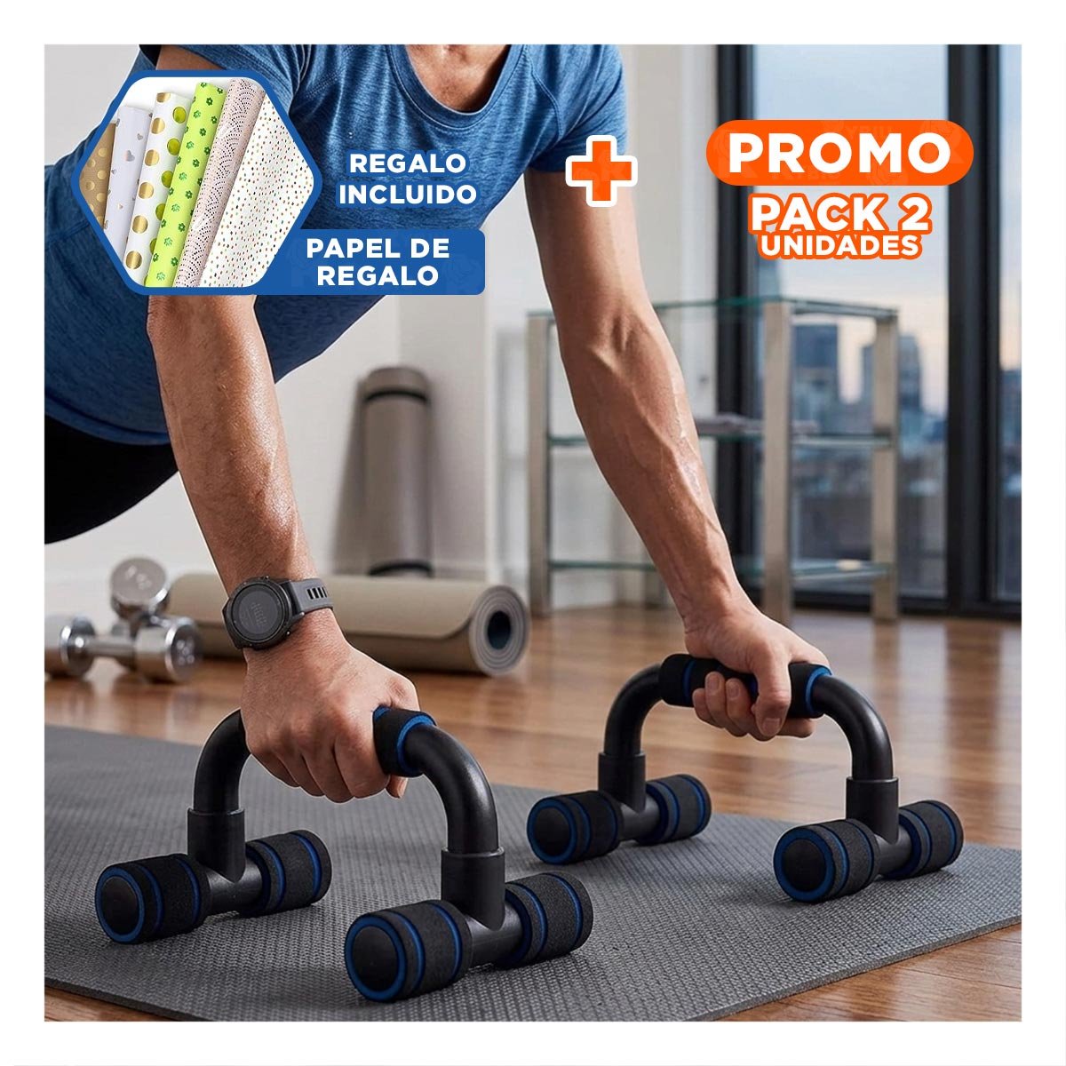 PACK2 APOYO PUSH UP SOLIDO Y PRACTICO PARA TONIFICACION FORMA C NEGRO Y+PAPEL REGALO - 1