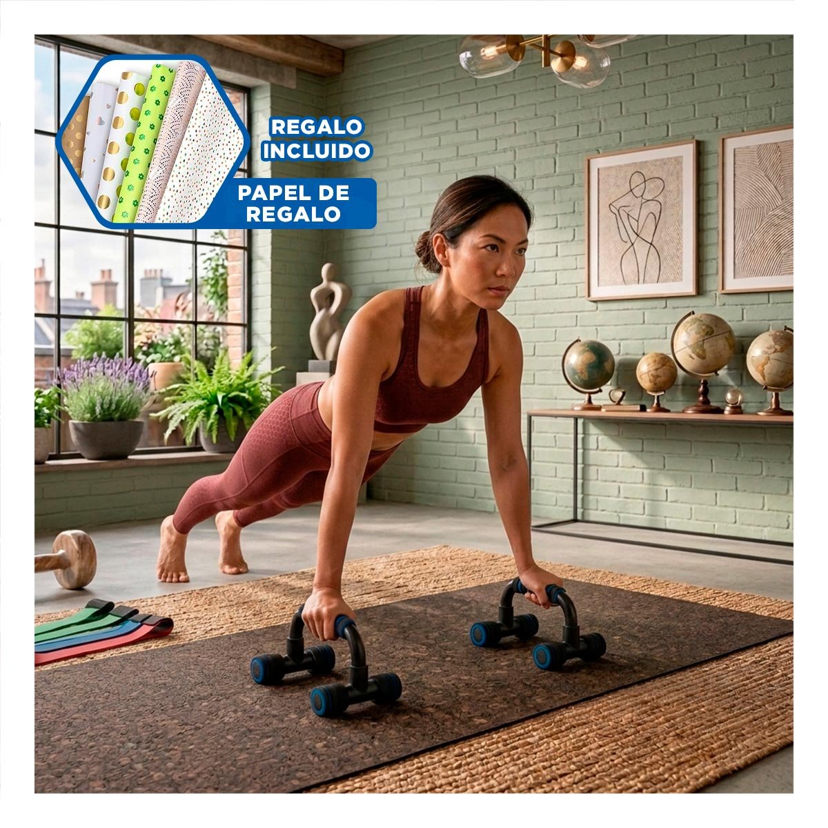 PACK4 EJE PUSH UP ESTABLE Y COMPACTO PARA CASA FORMA C NEGRO Y+PAPEL REGALO - 1