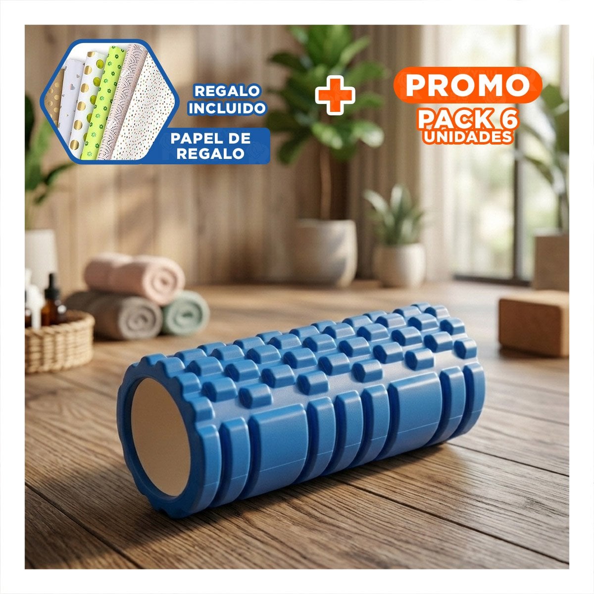 PACK6 FITNESS ROLLER PARA EJERCICIOS DE ESTIRAMIENTO DIARIO 33X15CM AZUL Y+PAPEL REGALO - 1