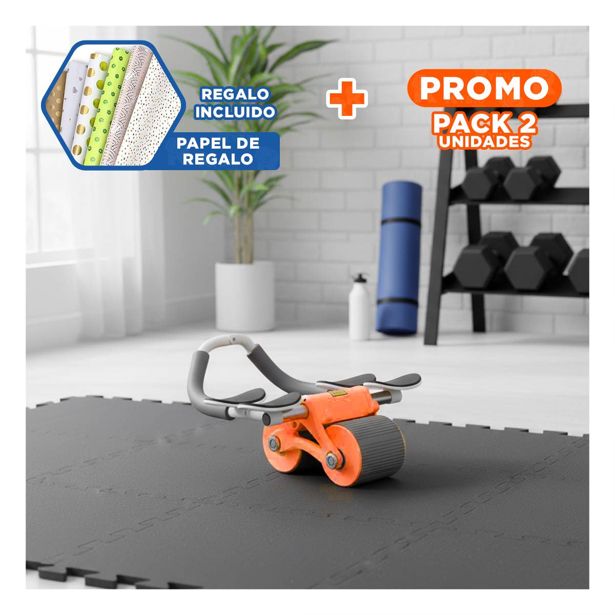 PACK2 RODILLO ABDOMINAL 2 EN 1 CON SISTEMA ANALOGICO NARANJA Y+PAPEL REGALO - 1