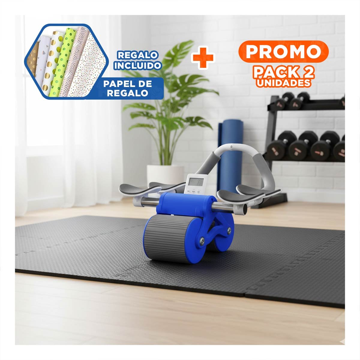 PACK2 RODILLO ABDOMINAL 2 EN 1 CON SISTEMA ANALOGICO AZUL Y+PAPEL REGALO - 1