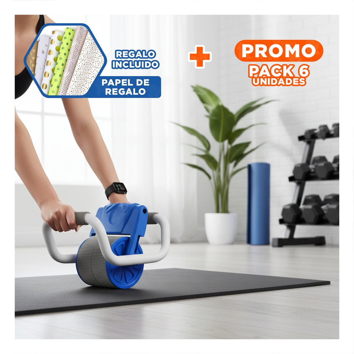 PACK6 RUEDA ABDOMINAL 2 EN 1 CON PANTALLA ANALOGICA Y DISEÑO RESISTENTE AZUL Y+PAPEL REGALO - 1