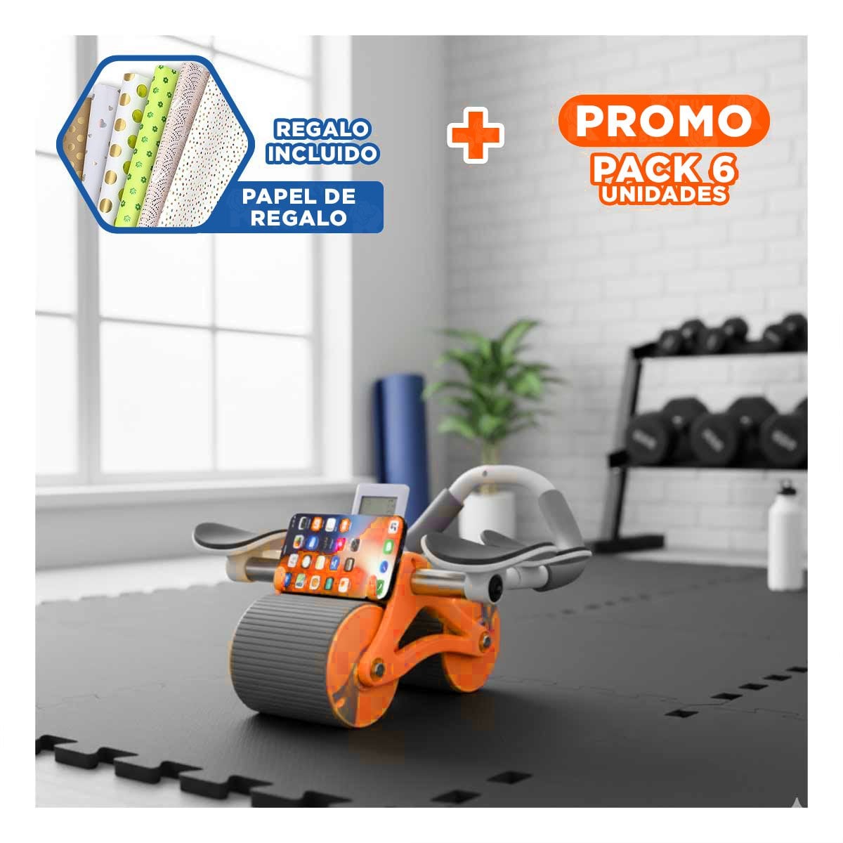 PACK6 RUEDA ABDOMINAL 2 EN 1 CON PANTALLA ANALOGICA Y DISEÑO RESISTENTE NARANJA Y+PAPEL REGALO - 1
