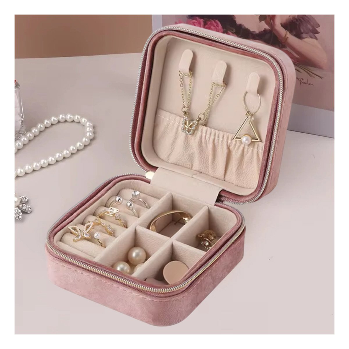 ORGANIZADOR DE VIAJE TERCIOPELO ROSADO PARA JOYAS Y+POST IT - 2