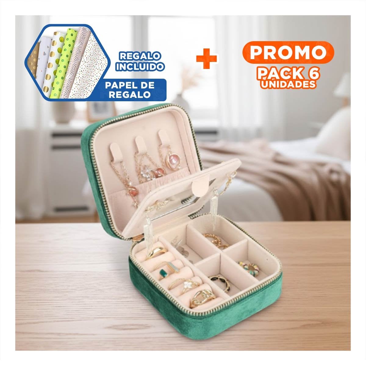 PACK6 COFRE ELEGANTE CON ESPEJO TERCIOPELO VERDE OSCURO Y+PAPEL REGALO - 1