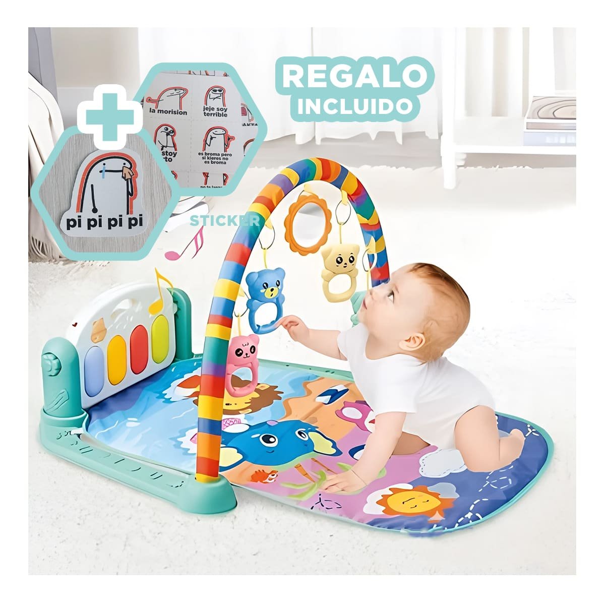 CENTRO MUSICAL VERDE AGUA CON ARCO AJUSTABLE Y PIANO DE PATADAS Y+REGALO STICKER - 1
