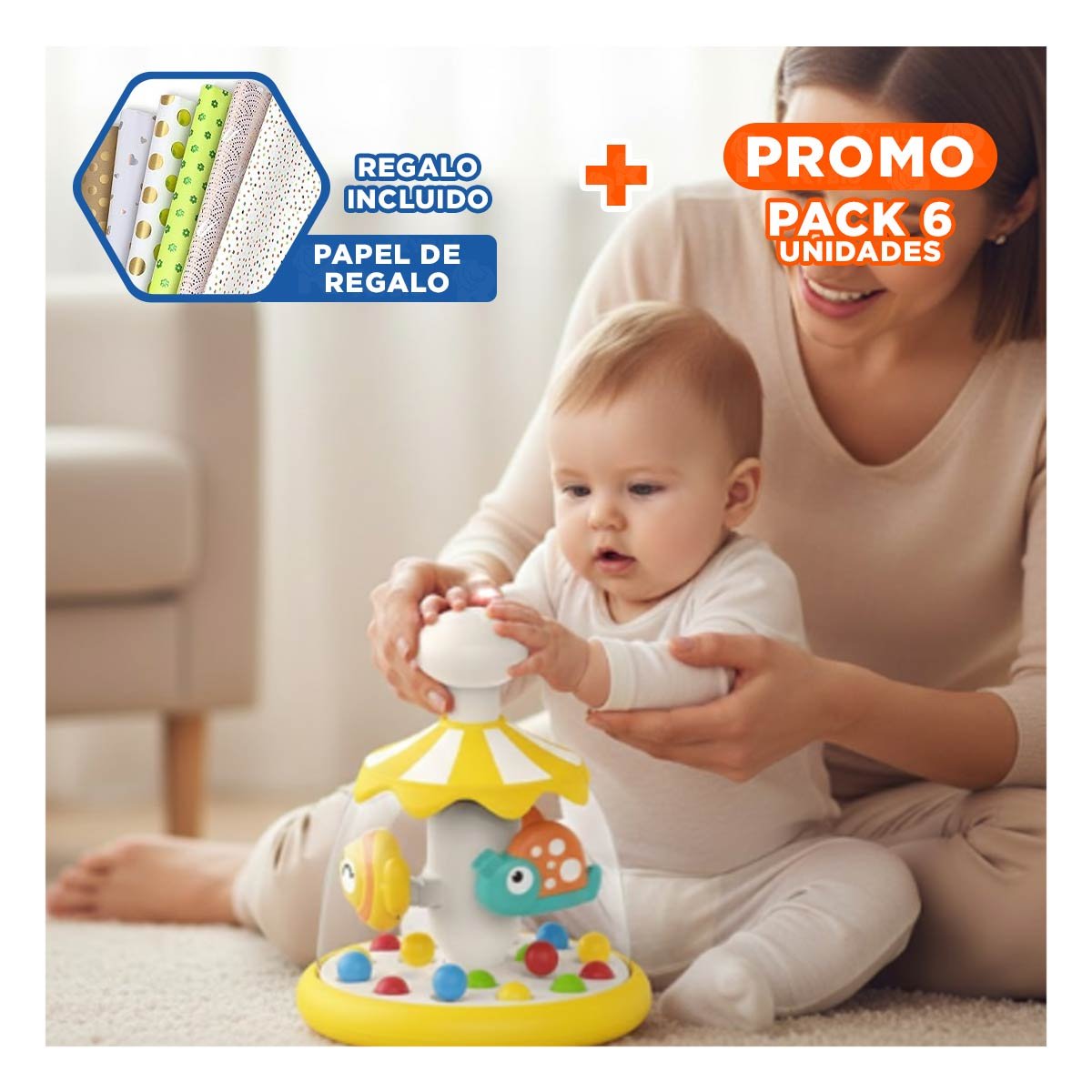 PACK6 CARRUSEL GIRATORIO CON FIGURA DE PECES AMARILLO PARA DESARROLLO DEL NINO Y+PAPEL REGALO - 1