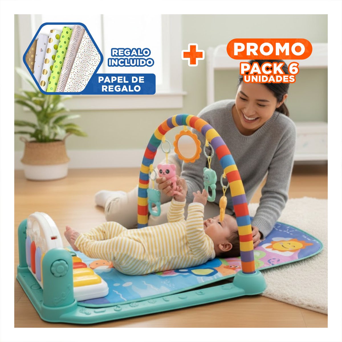PACK6 CENTRO PARA BEBE CON PIANO VERDE AGUA Y ARCO PARA EXPLORACION Y+PAPEL REGALO - 1