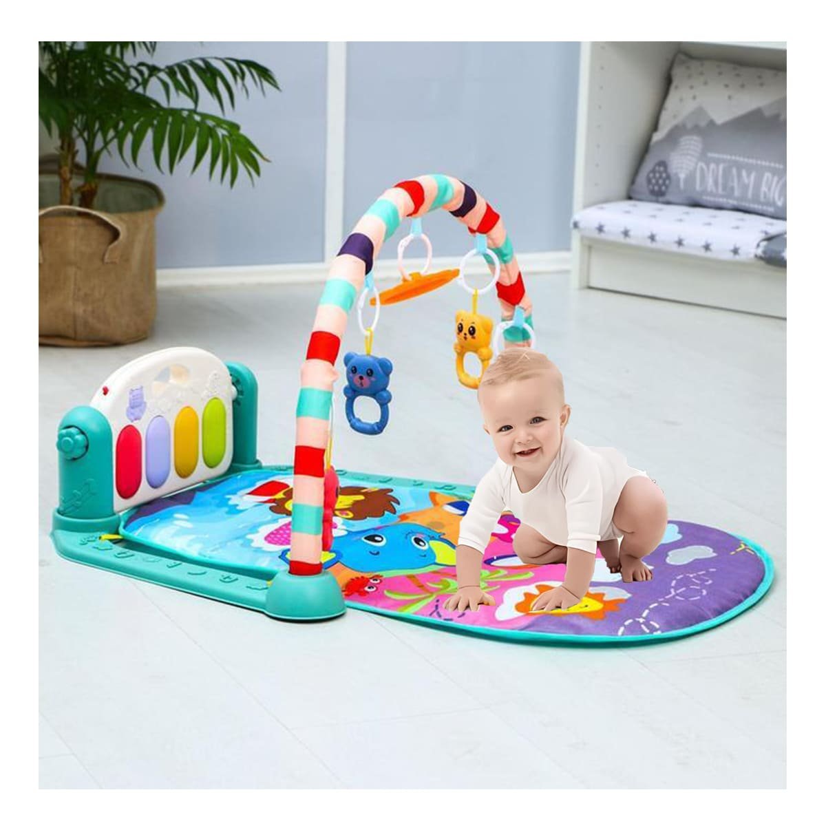 PACK6 CENTRO PARA BEBE CON PIANO VERDE AGUA Y ARCO PARA EXPLORACION Y+PAPEL REGALO - 2