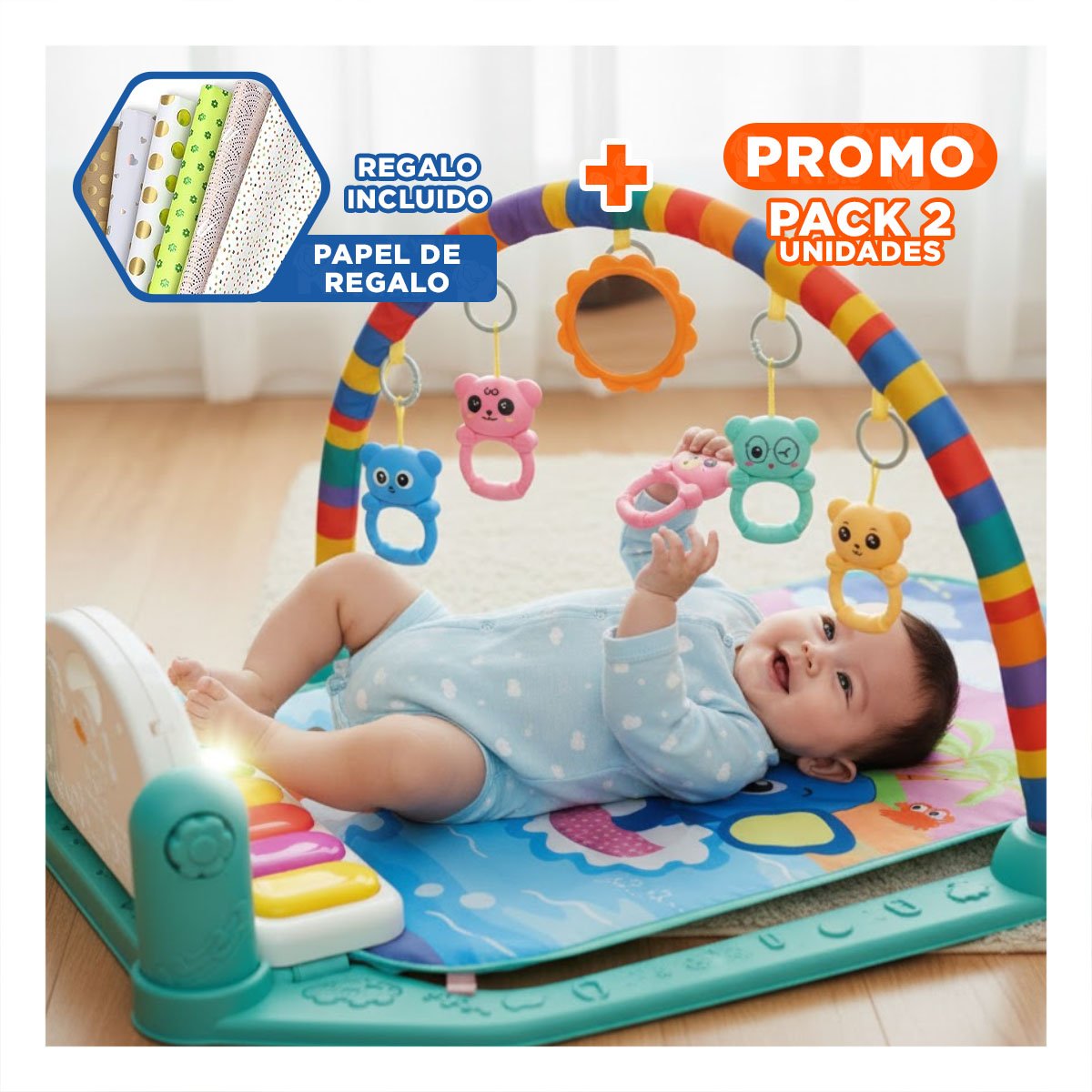 PACK2 GIMNASIO VERDE AGUA CON PIANO Y ARCO PARA ESTIMULO AUDITIVO Y+PAPEL REGALO - 1