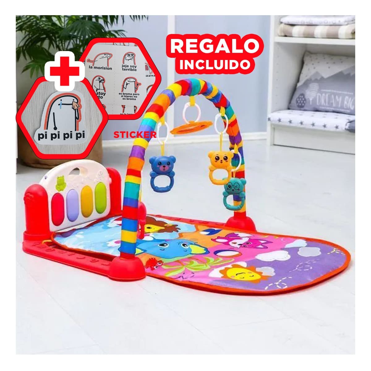 CENTRO MUSICAL ROJO CON ARCO AJUSTABLE Y PIANO DE PATADAS Y+REGALO STICKER - 1