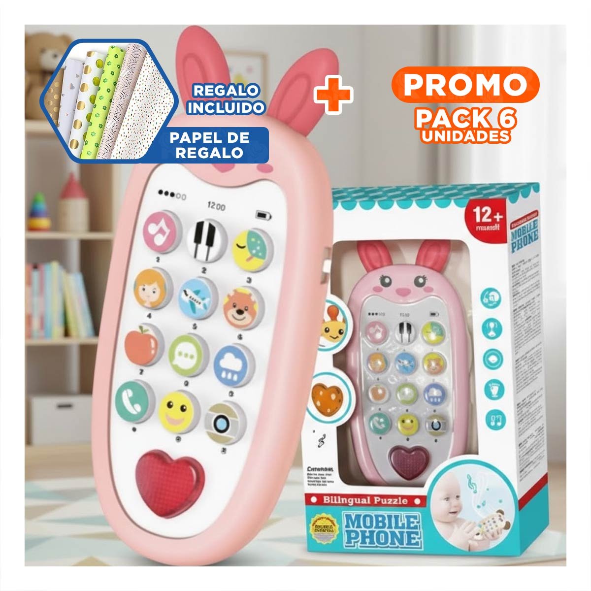 PACK6 SMARTPHONE DIDACTICO DE CONEJO BILINGUE MUSICAL EN ROSADO COMPACTO Y+PAPEL REGALO - 1