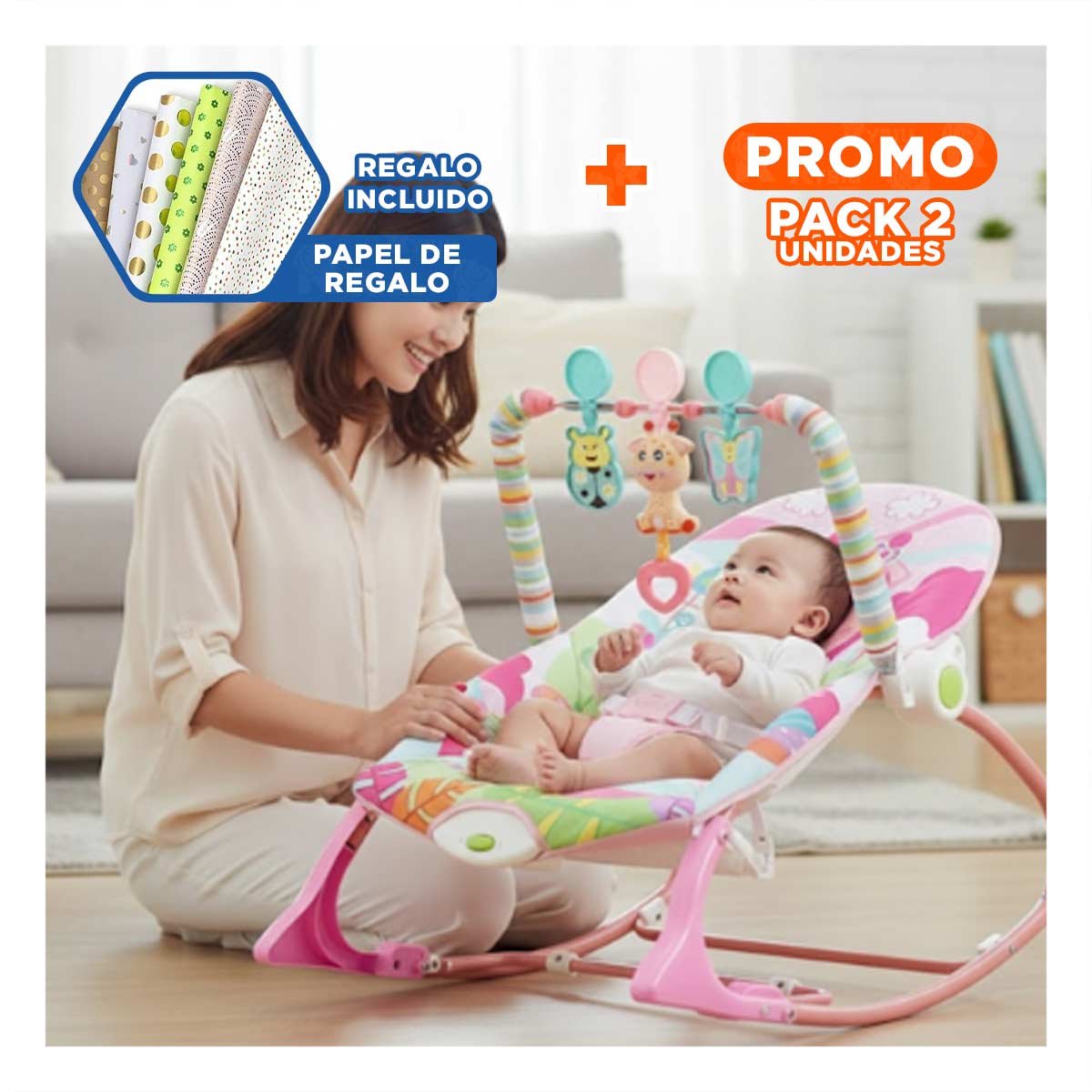 PACK2 ASIENTO MUSICAL DE MECEDORA ROSADO VIBRATORIA DIDACTICO E INTERACTIVO CASA Y+PAPEL REGALO - 1