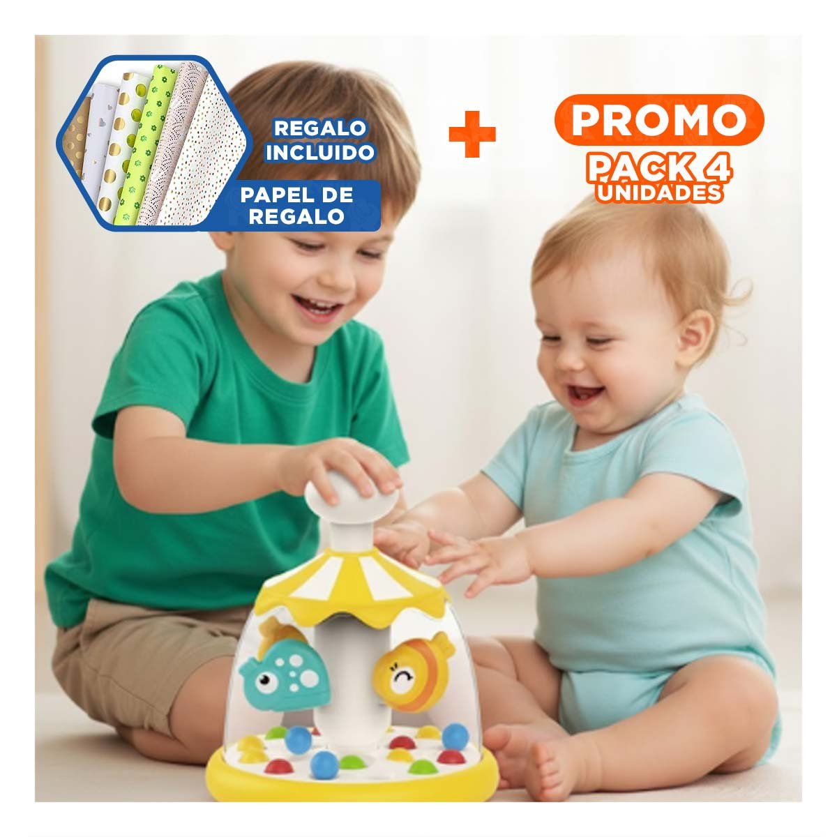 PACK4 GIRADOR RECREATIVO DE PECES AMARILLO GIRATORIO PARA DIVERSION DE NINOS Y+PAPEL REGALO - 1