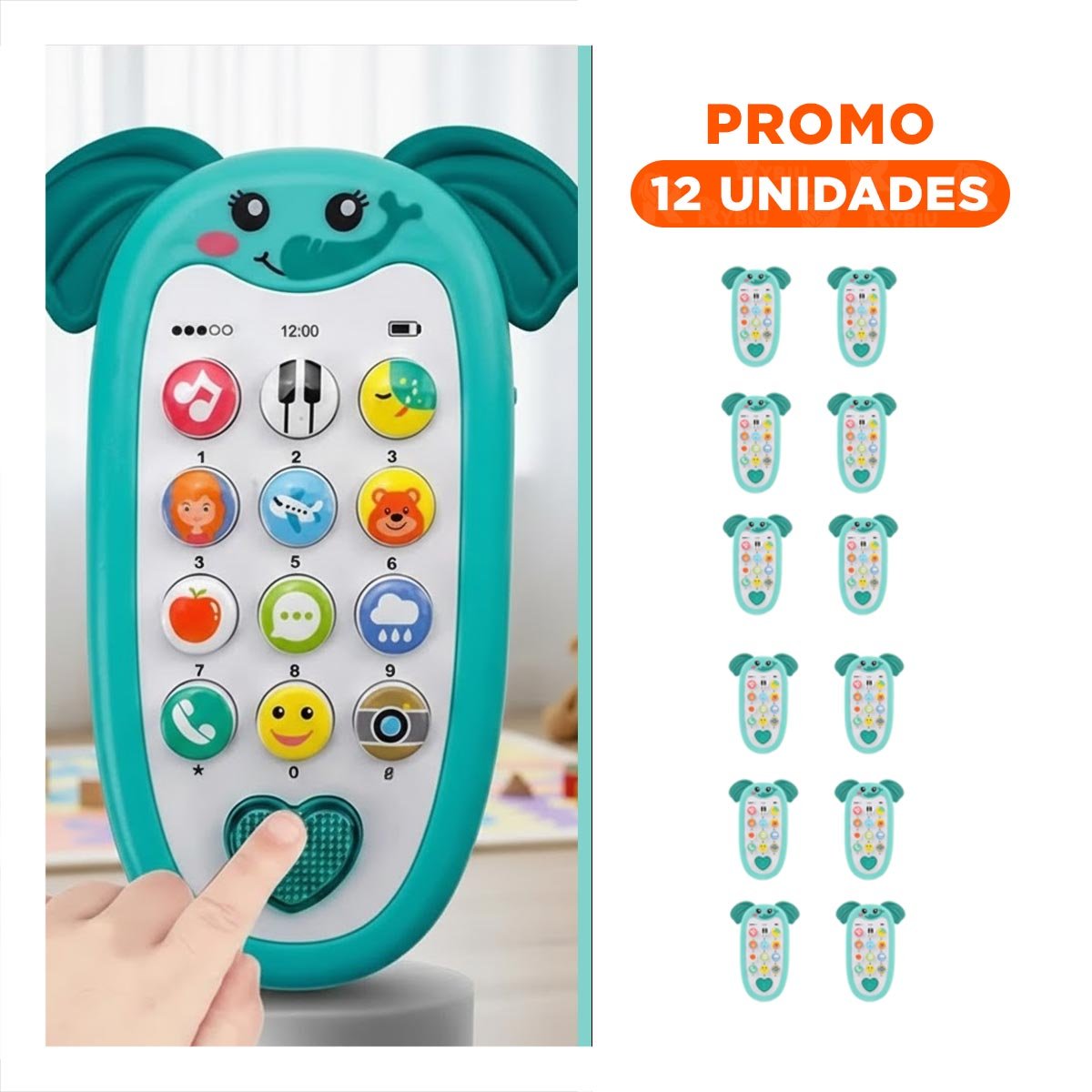 PACK12 TELEFONO MUSICAL ELEFANTE BILINGUE VERDE AGUA INFANTIL PORTATIL Y+REGALO STICKER - 1