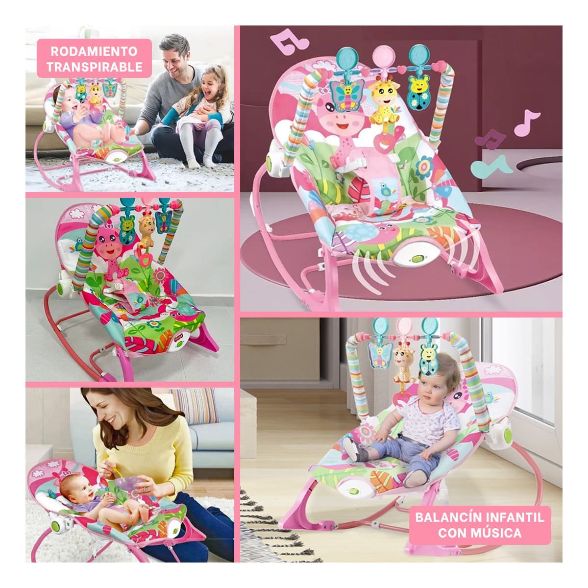 HAMACA MUSICAL DE MECEDORA ROSADO VIBRATORIA EDUCATIVO RESISTENTE BEBE Y+POST IT - 1