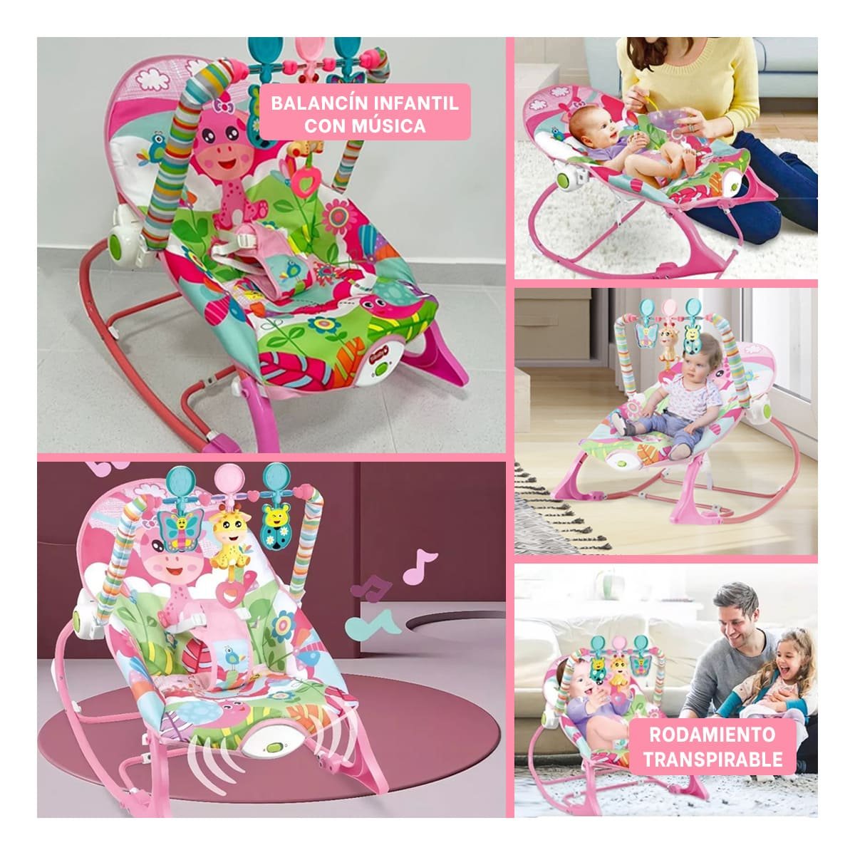 HAMACA MUSICAL DE MECEDORA ROSADO VIBRATORIA EDUCATIVO RESISTENTE BEBE Y+POST IT - 5