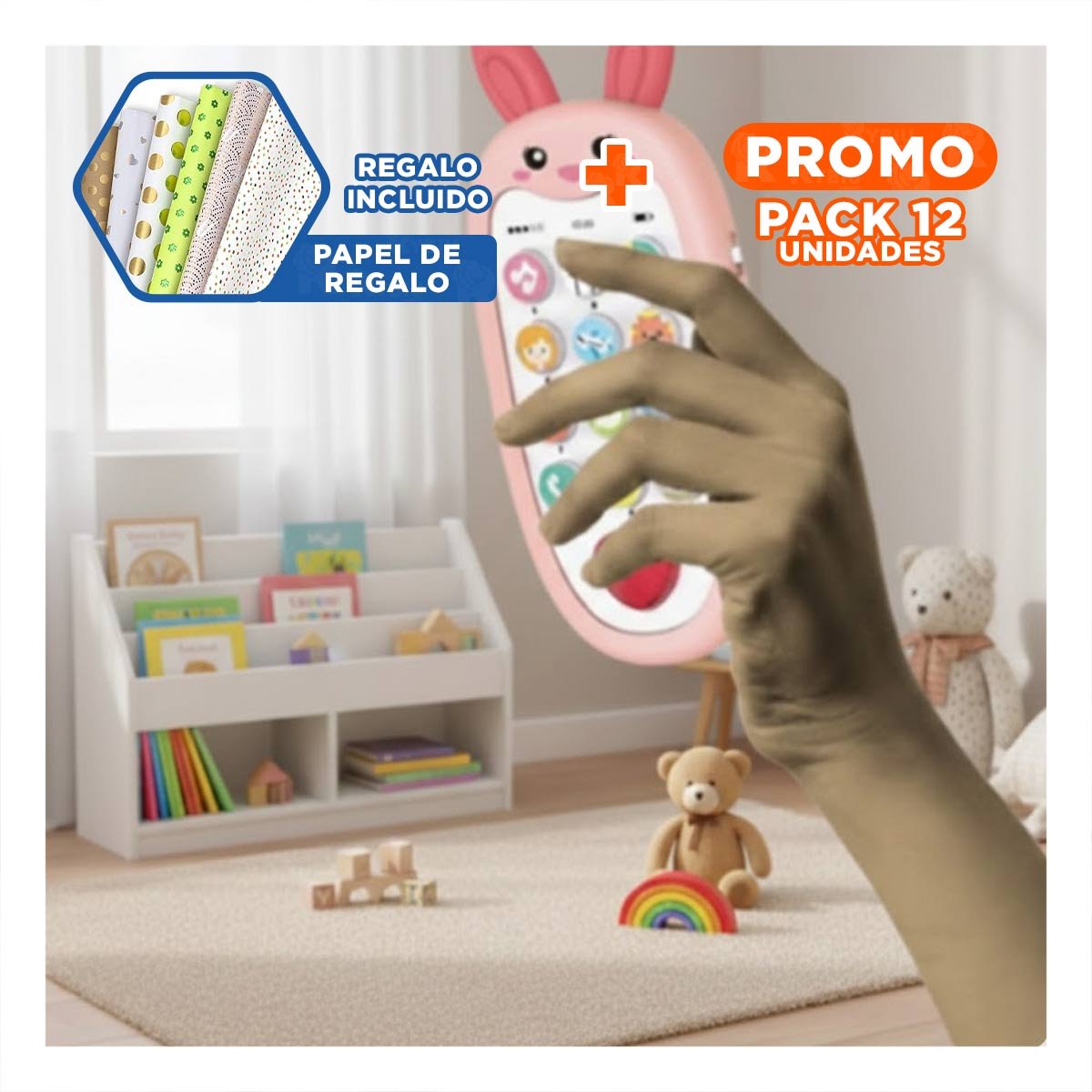 PACK12 CELULAR DIDACTICO CON FIGURA DE CONEJO BILINGUE EN ROSADO SONORO Y+PAPEL REGALO - 1