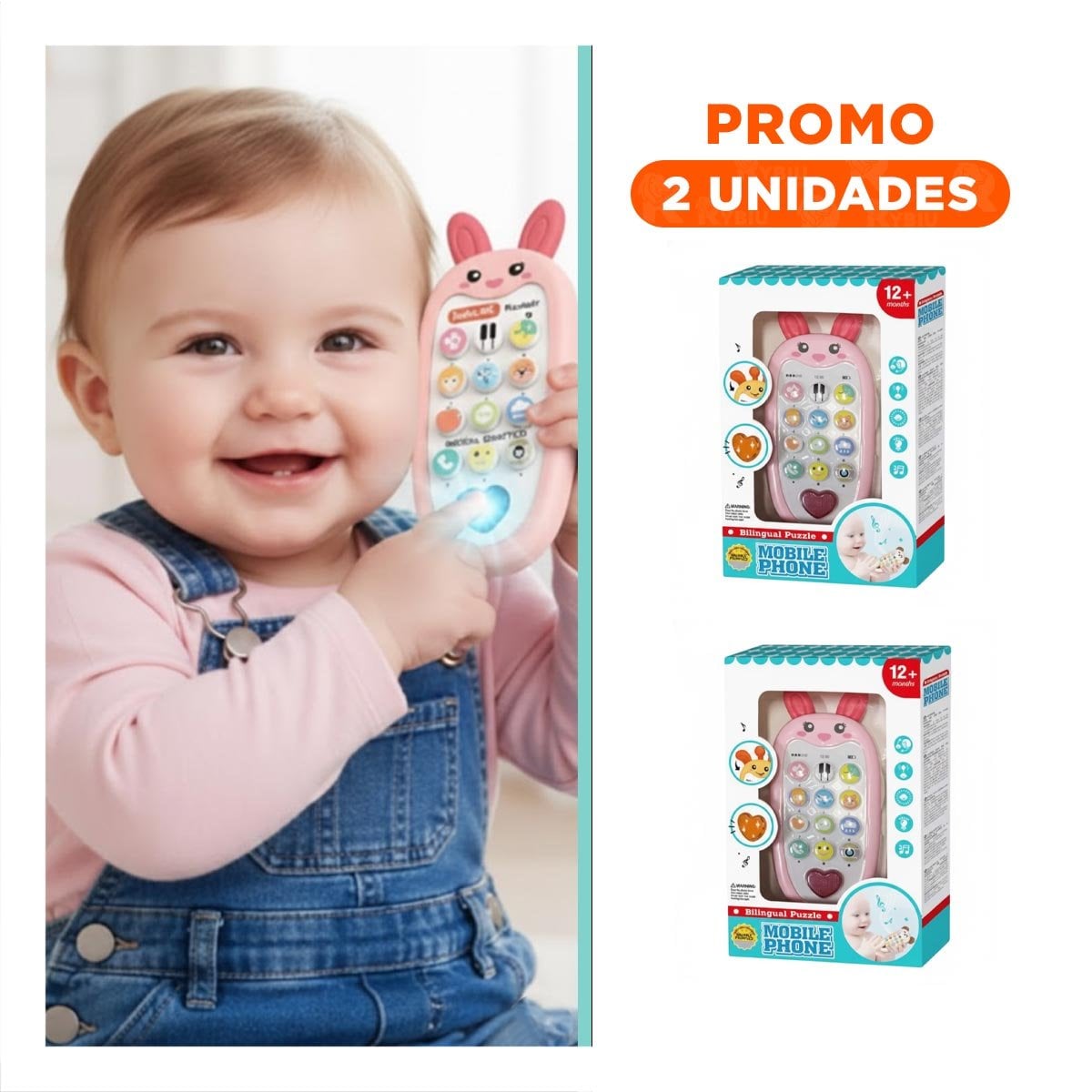 PACK2 CELULAR INFANTIL CON DISENO DE CONEJO BILINGUE EN ROSADO EDUCATIVO - 1