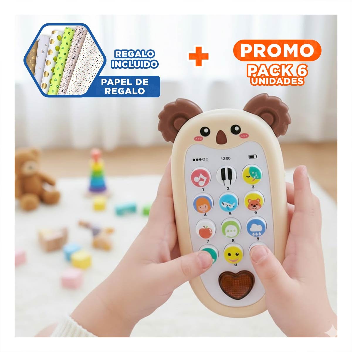 PACK6 SMARTPHONE DIDACTICO KOALA BILINGUE MARRON MUSICAL COMPACTO Y+PAPEL REGALO - 1