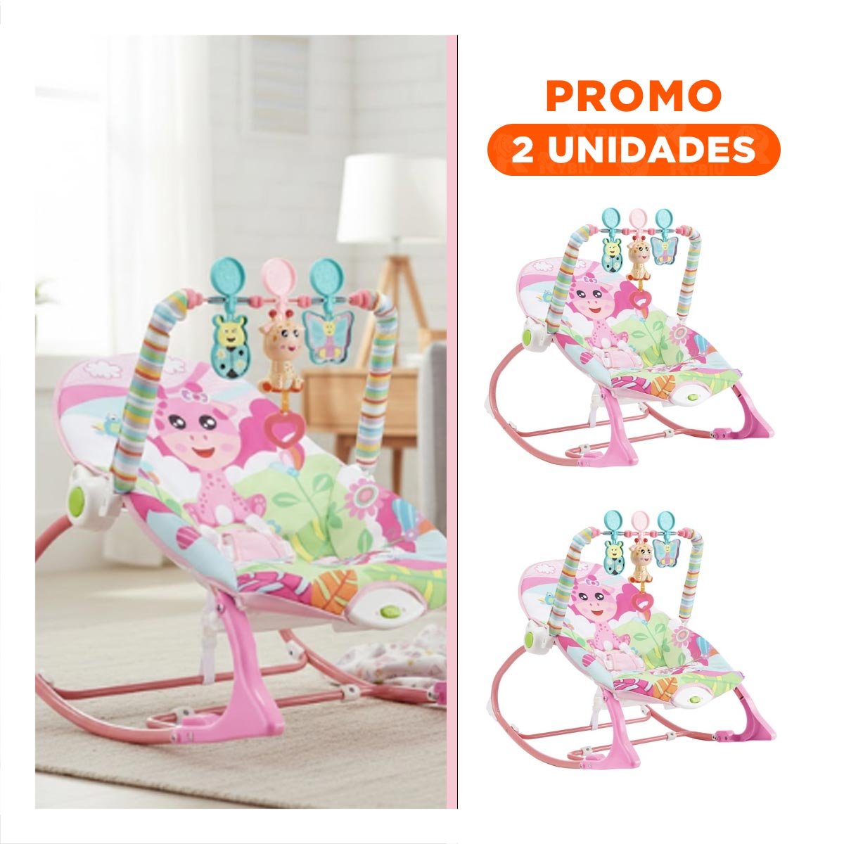 PACK2 BALANCIN RECREATIVO CON DISENO DE MECEDORA ROSADO VIBRATORIA EDUCATIVO Y+REGALO STICKER - 1