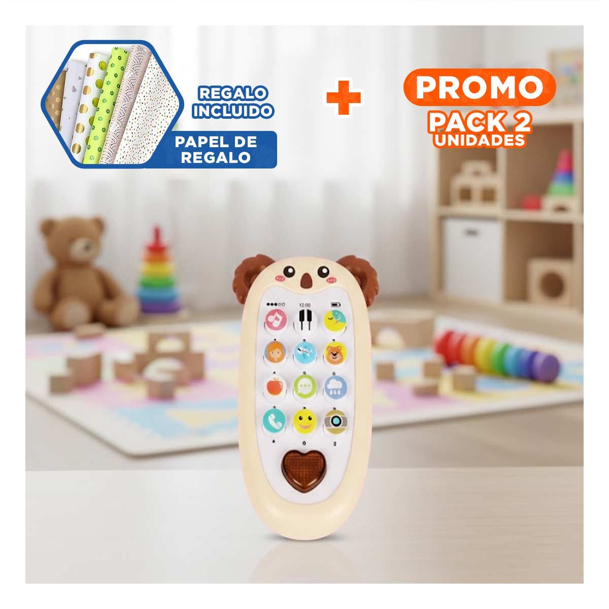 PACK2 TELEFONO MUSICAL KOALA BILINGUE MARRON INTERACTIVO CREATIVO Y+PAPEL REGALO - 1
