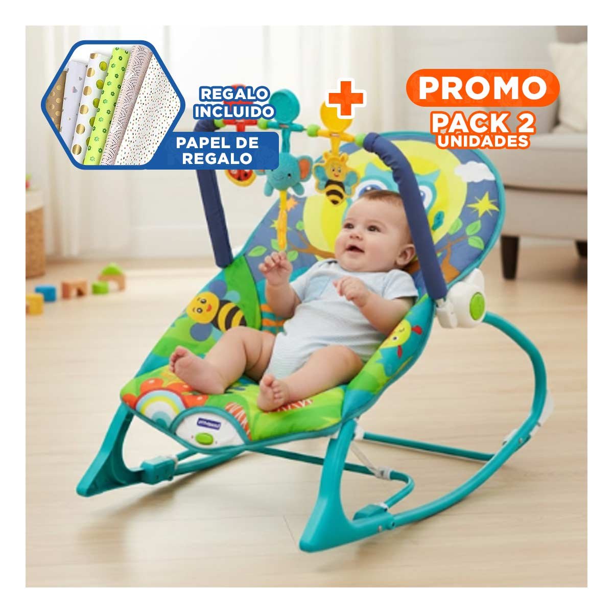 PACK2 SILLA DE MECEDORA AZUL VIBRATORIA PARA DESARROLLO DE LOS NINOS Y+PAPEL REGALO - 1