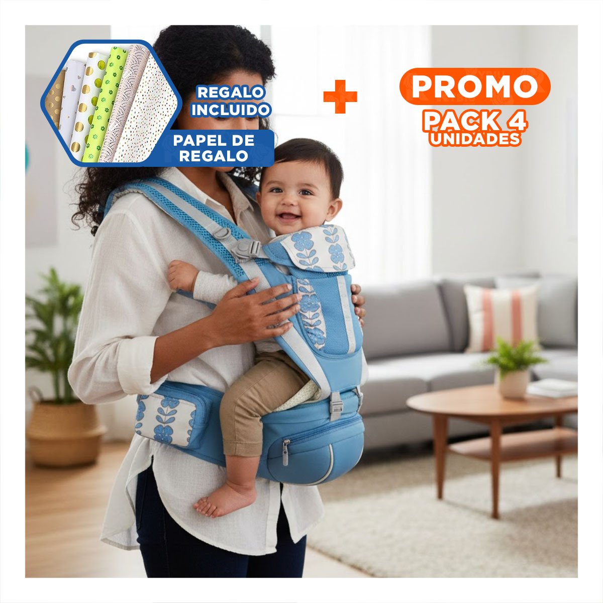 PACK4 PORTABEBE LIGERO 3 EN 1 AZUL ACOLCHADO PARA PASEOS PROLONGADOS Y+PAPEL REGALO - 1