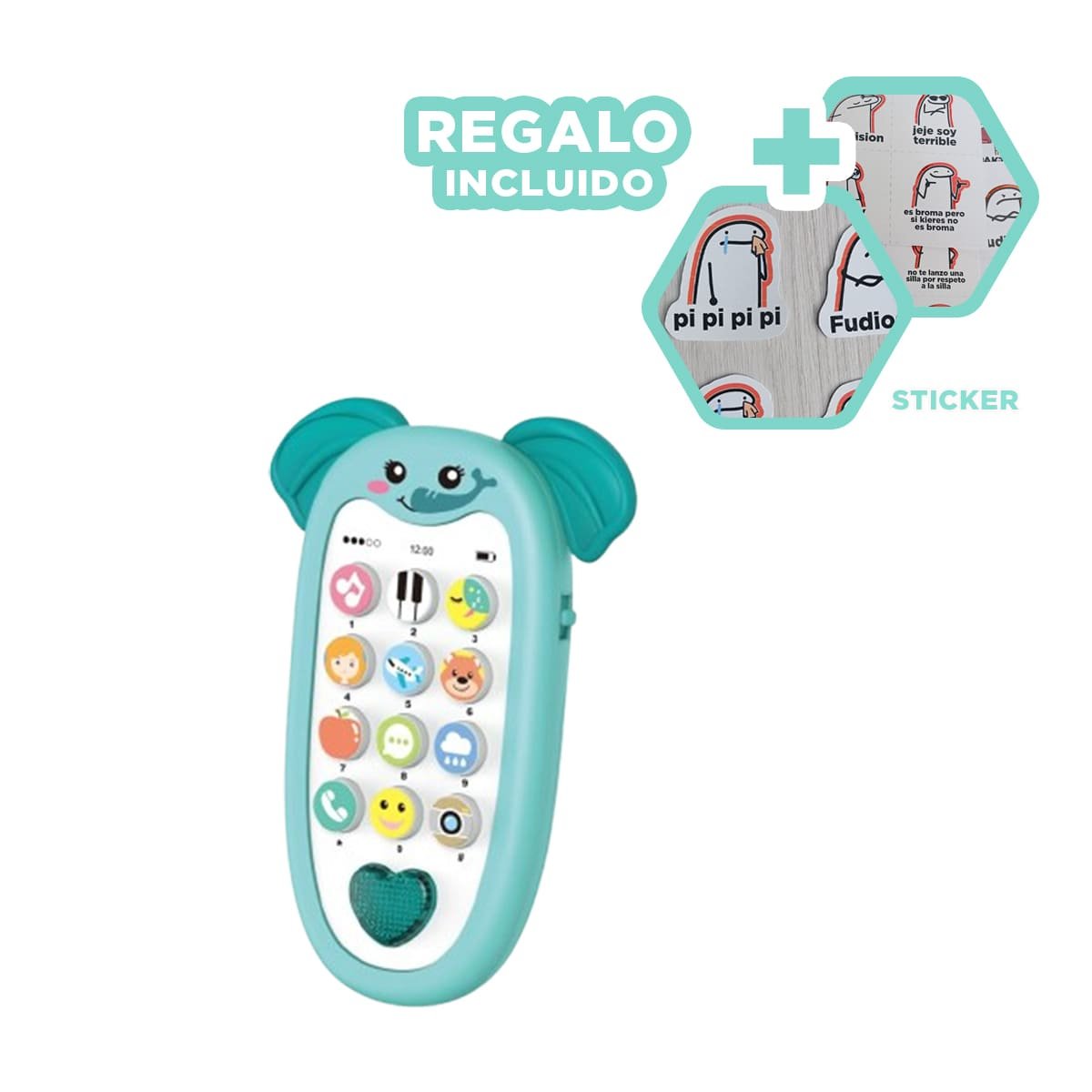 SMARTPHONE MUSICAL ELEFANTE BILINGUE VERDE AGUA INFANTIL EDUCATIVO Y+REGALO STICKER - 1
