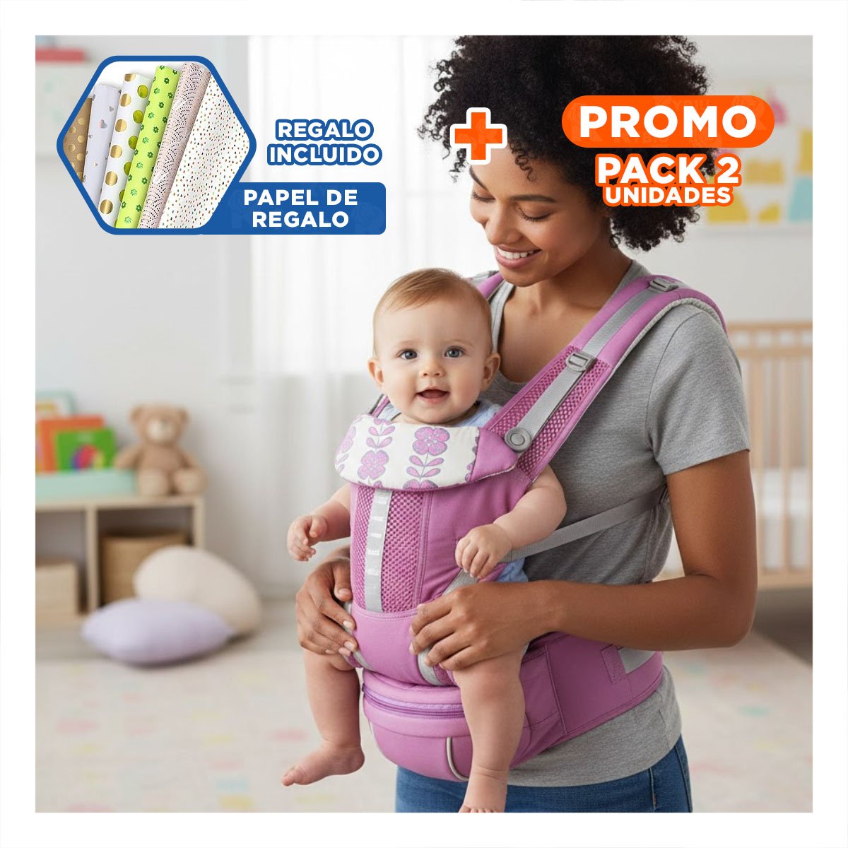 PACK2 MOCHILA ERGONOMICA 3 EN 1 ROSADO PRACTICA PARA CERCANIA SEGURA Y+PAPEL REGALO - 1
