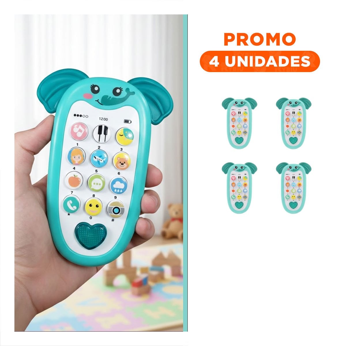 PACK4 CELULAR MUSICAL ELEFANTE BILINGUE VERDE AGUA PRACTICO PORTATIL Y+REGALO STICKER - 1