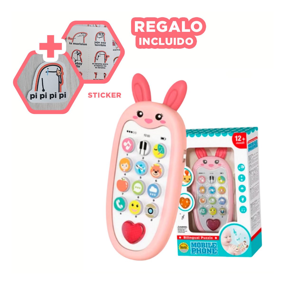SMARTPHONE MUSICAL DE CONEJO BILINGUE EN ROSADO EDUCATIVO Y SONORO Y+REGALO STICKER - 1