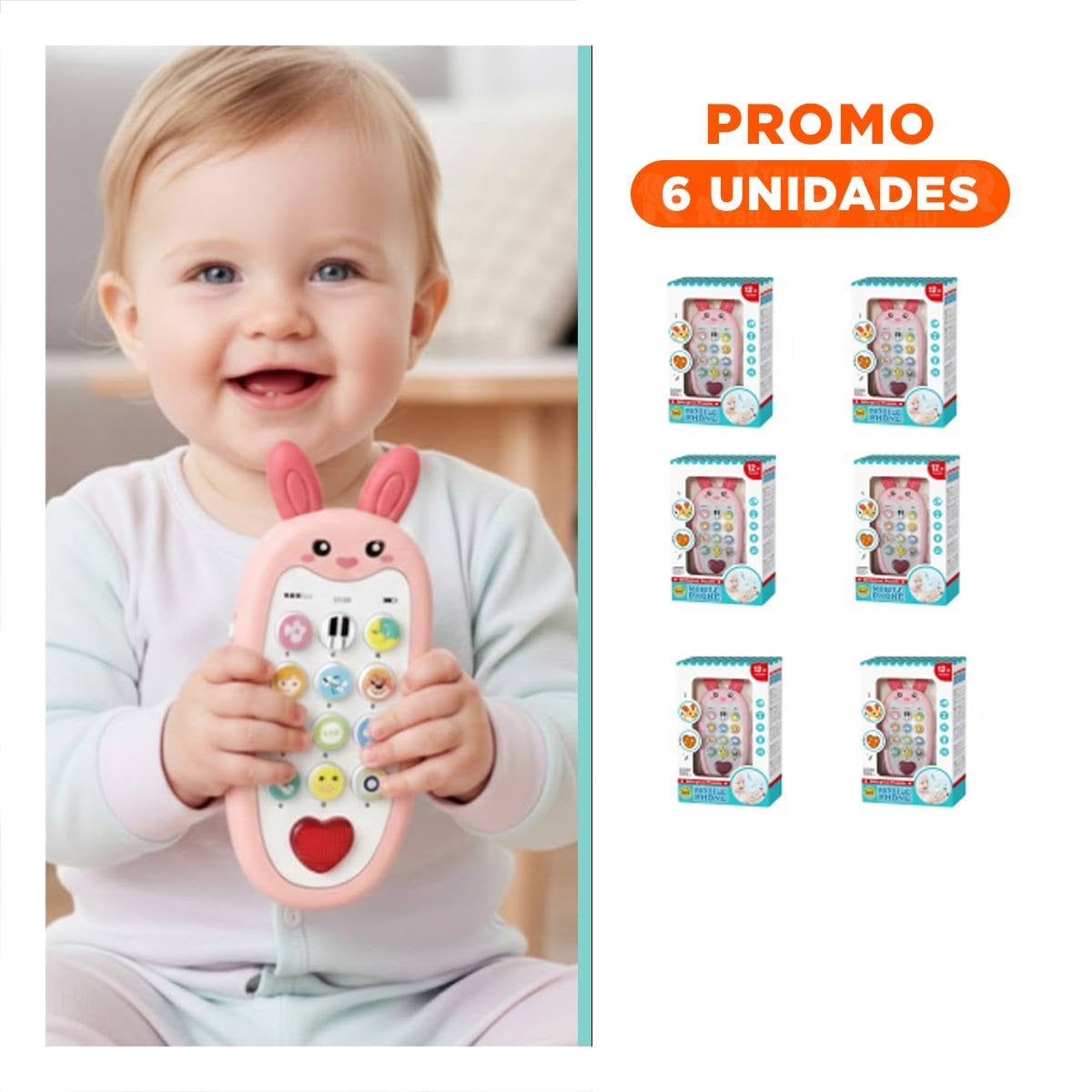 PACK6 TELEFONO DE JUGUETE CON FORMA DE CONEJO BILINGUE EN ROSADO EDUCATIVO Y+REGALO STICKER - 1