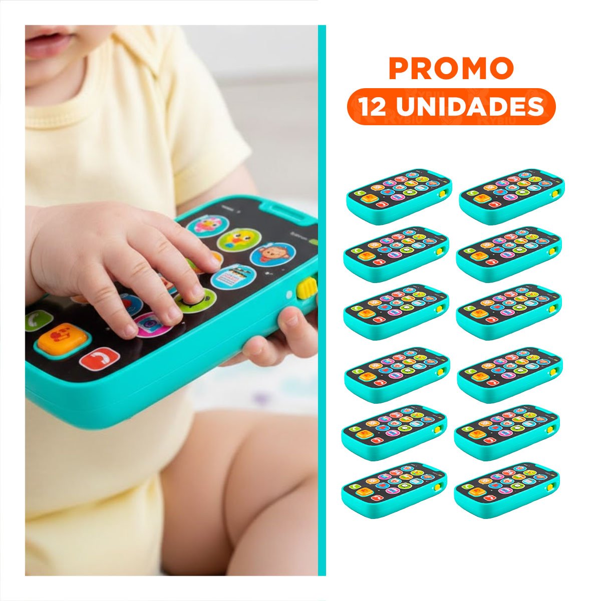PACK12 TELEFONO INTERACTIVO CELESTE CON EFECTOS LUMINOSOS Y+REGALO STICKER - 1