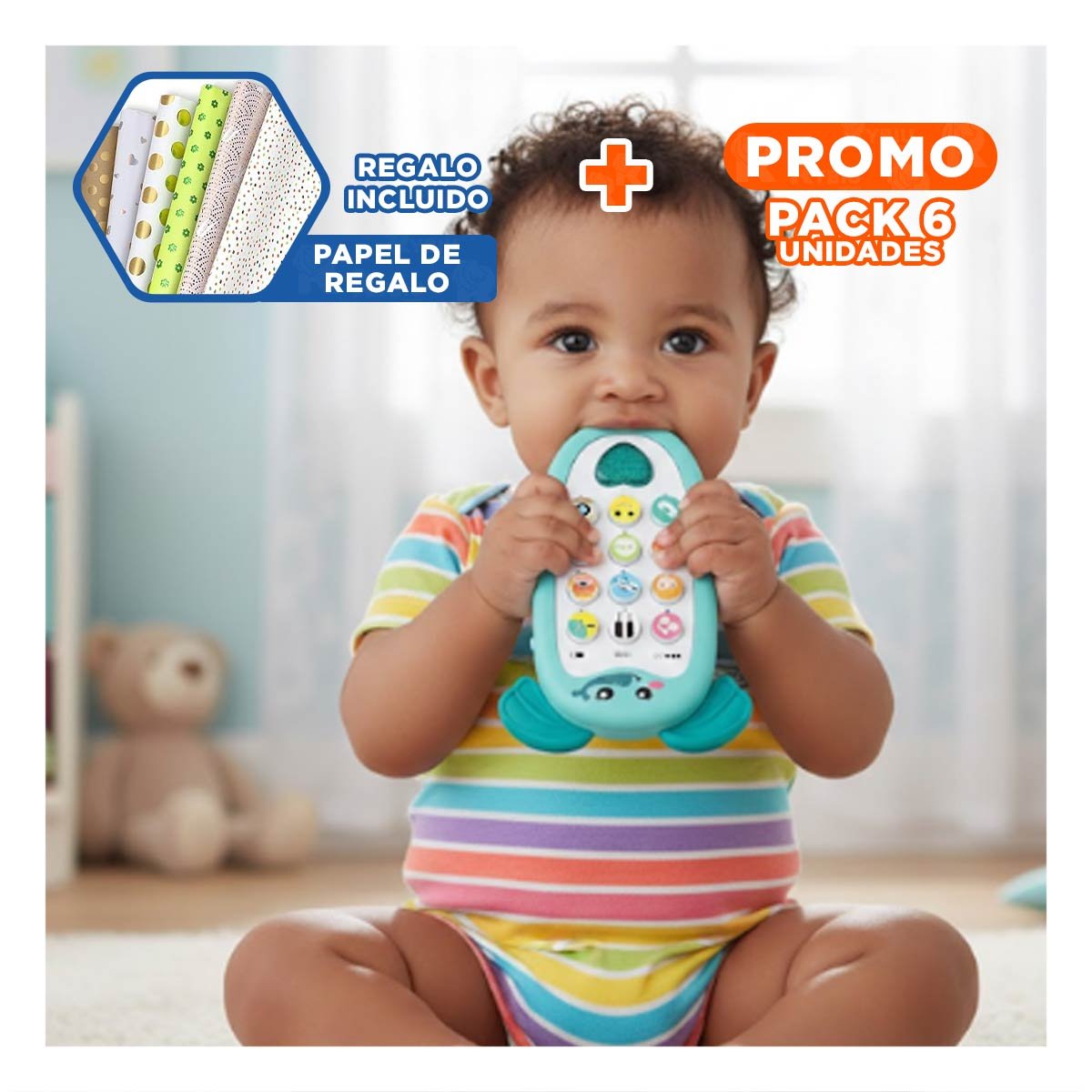 PACK6 SMARTPHONE DIDACTICO ELEFANTE BILINGUE VERDE AGUA MUSICAL COMPACTO Y+PAPEL REGALO - 1