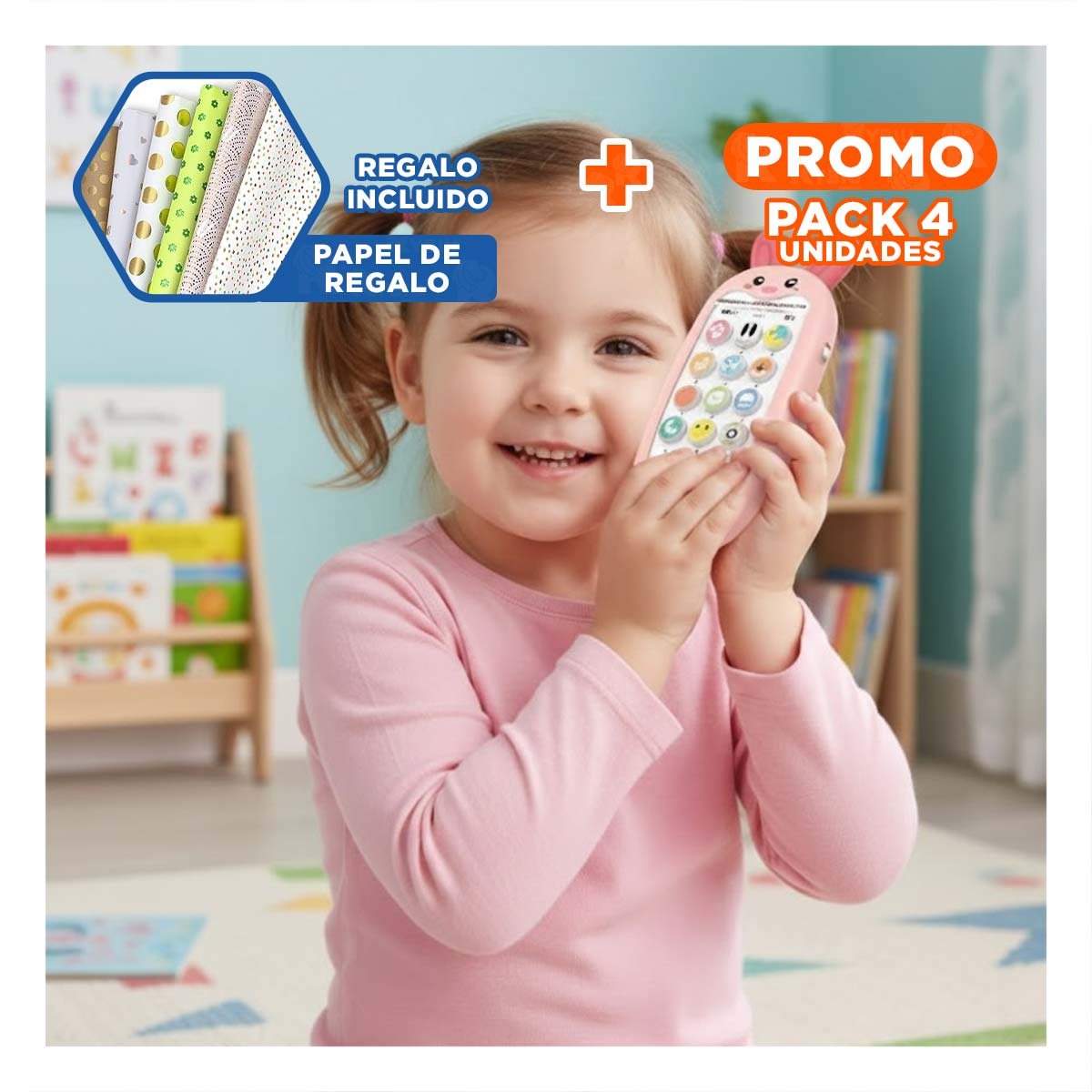 PACK4 MOVIL DIDACTICO CON FIGURA DE CONEJO BILINGUE EN ROSADO SONORO Y+PAPEL REGALO - 1