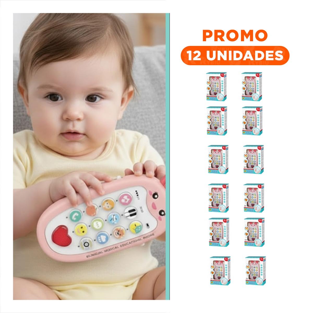 PACK12 TELEFONO MUSICAL DE CONEJO BILINGUE EN ROSADO INFANTIL Y PORTATIL Y+REGALO STICKER - 1