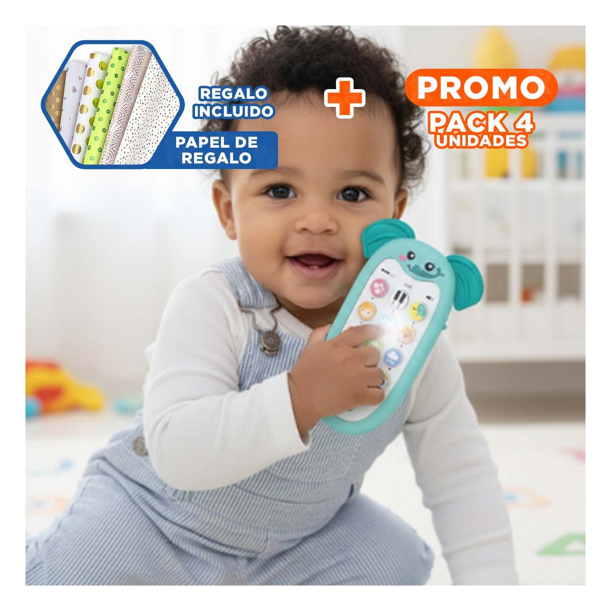 PACK4 MOVIL DIDACTICO ELEFANTE VERDE AGUA BILINGUE SONORO INTERACTIVO Y+PAPEL REGALO - 1