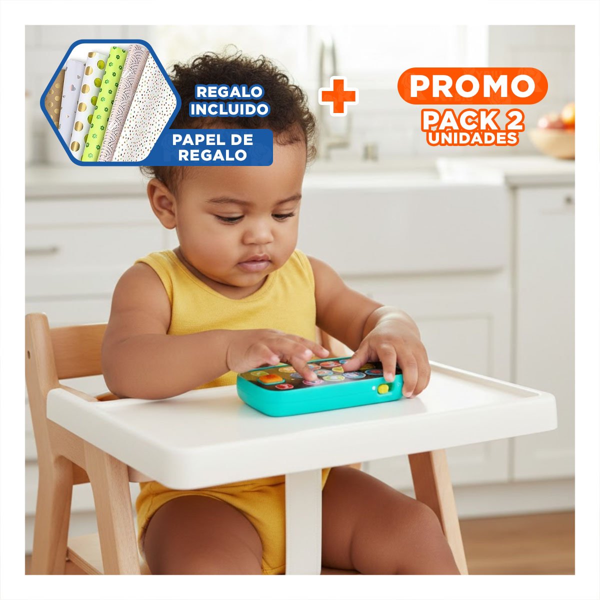 PACK2 TELEFONO DIDACTICO CELESTE CON SONIDO SUAVE Y LUCES Y+PAPEL REGALO - 1