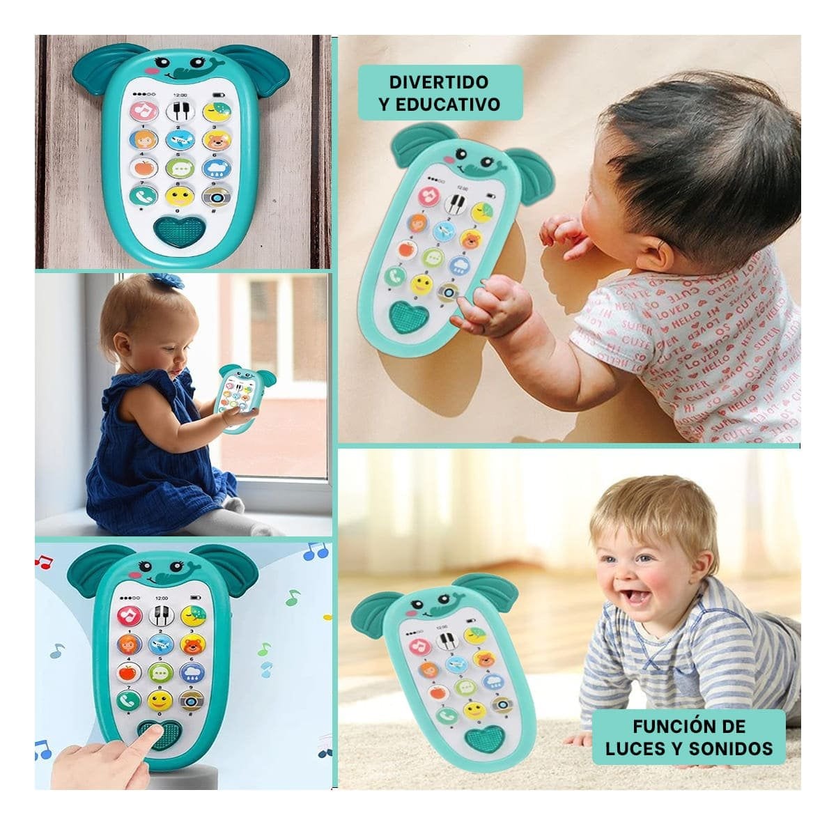 PACK12 CELULAR DIDACTICO ELEFANTE VERDE AGUA BILINGUE CON BOTONES SONOROS Y+PAPEL REGALO - 2
