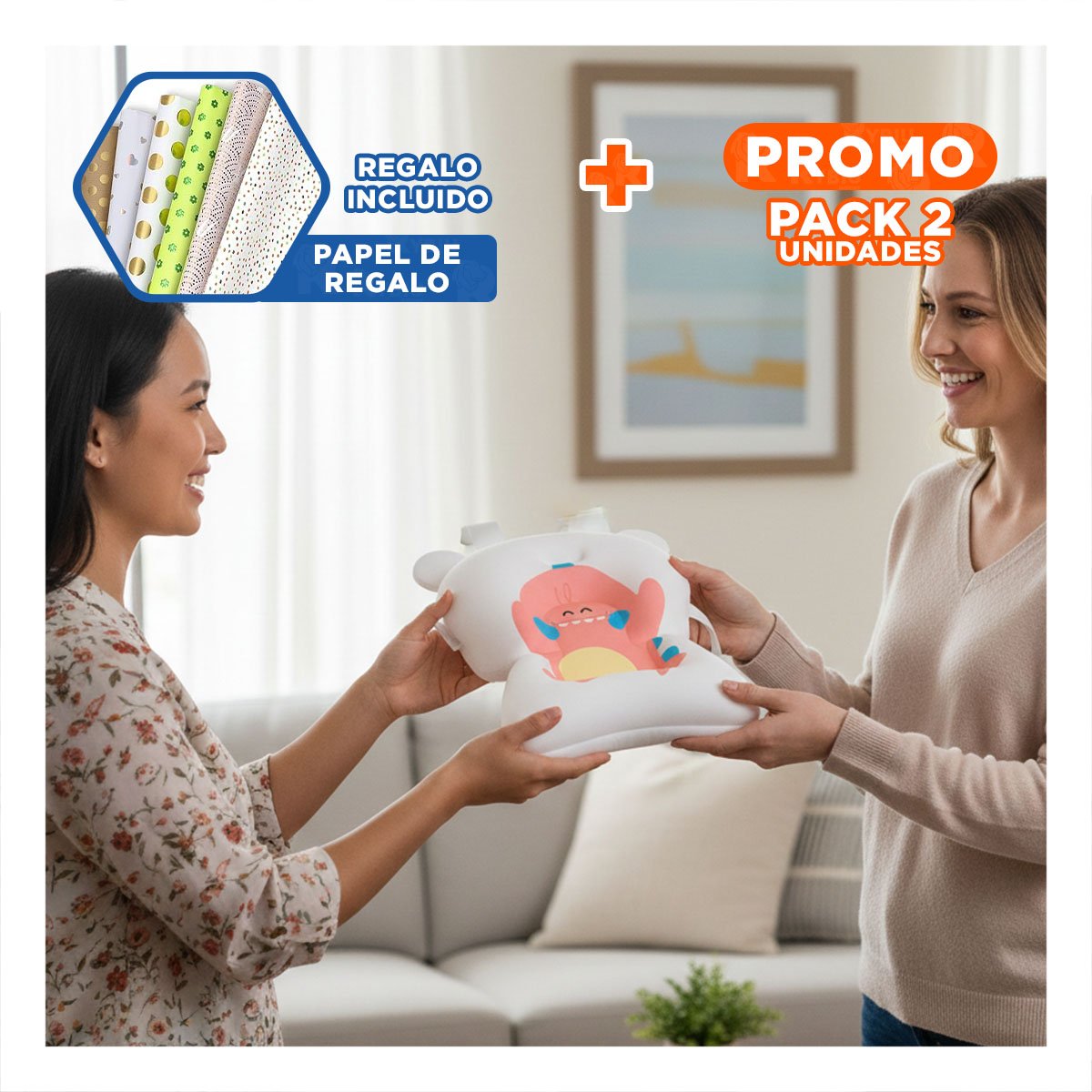PACK2 COJIN DE BANERA CON FORMA DINOSAURIO ROSADO BLANCO PARA BEBE Y+PAPEL REGALO - 1