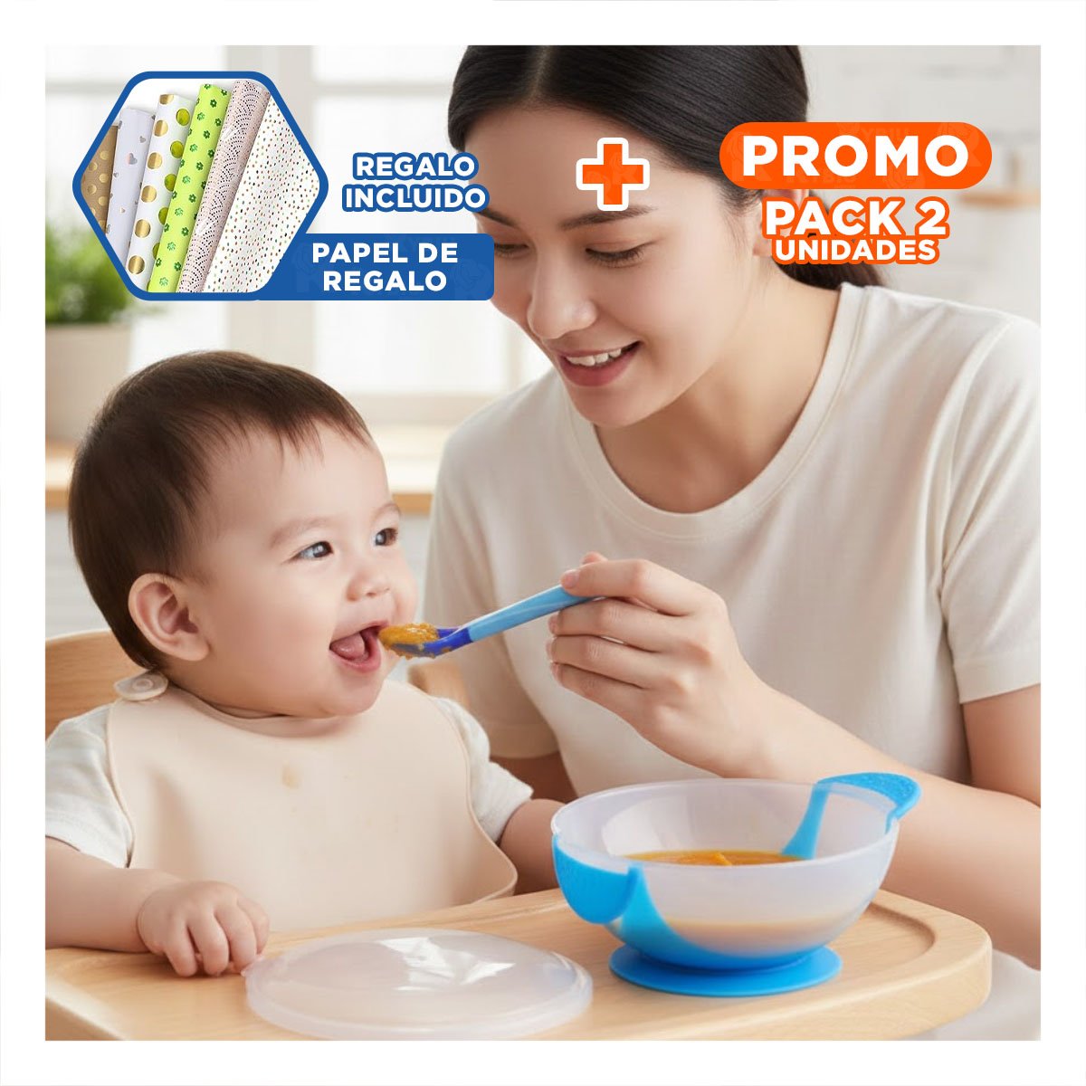 PACK2 RECIPIENTE ANTIDESLIZANTE AZUL CON CUBIERTO ERGONOMICO Y TAPA PRACTICA Y+PAPEL REGALO - 1