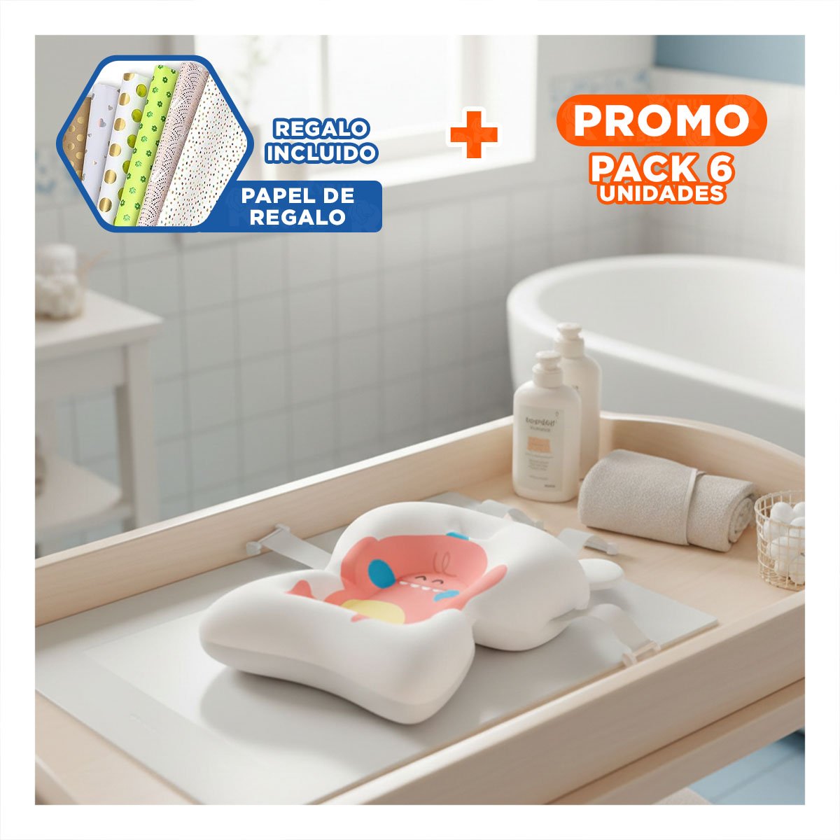 PACK6 ALMOHADA MODELO DINOSAURIO ROSADO BLANCO PARA BANERA DE BEBE Y+PAPEL REGALO - 1