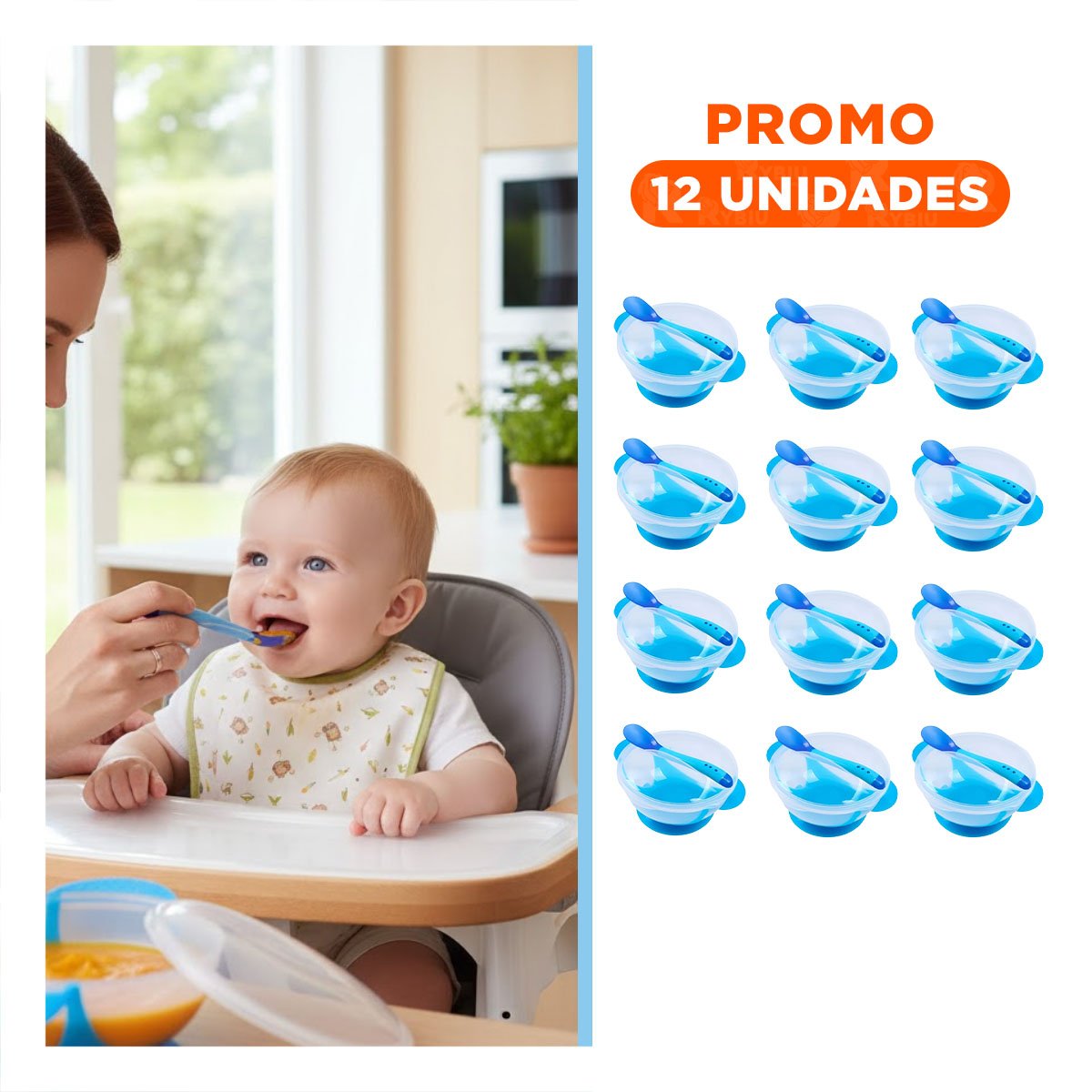 PACK12 RECIPIENTE ANTIDESLIZANTE AZUL CON CUBIERTO COMPACTO Y TAPA PROTECTORA Y+REGALO STICKER - 1