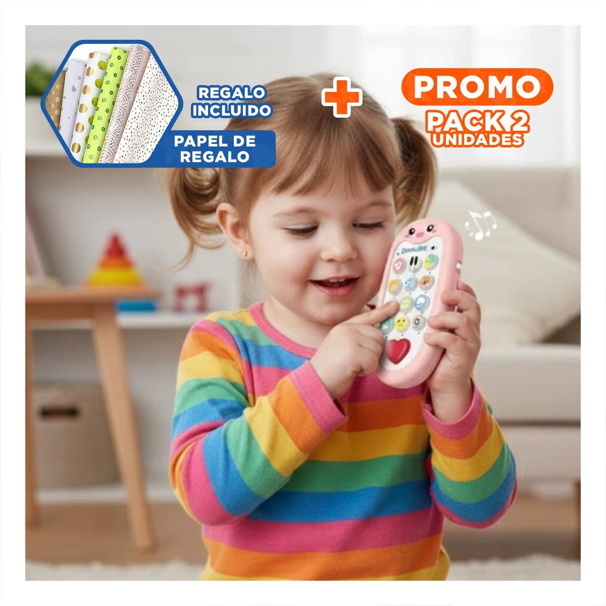 PACK2 TELEFONO MUSICAL CON FORMA DE CONEJO BILINGUE EN ROSADO INTERACTIVO Y+PAPEL REGALO - 1