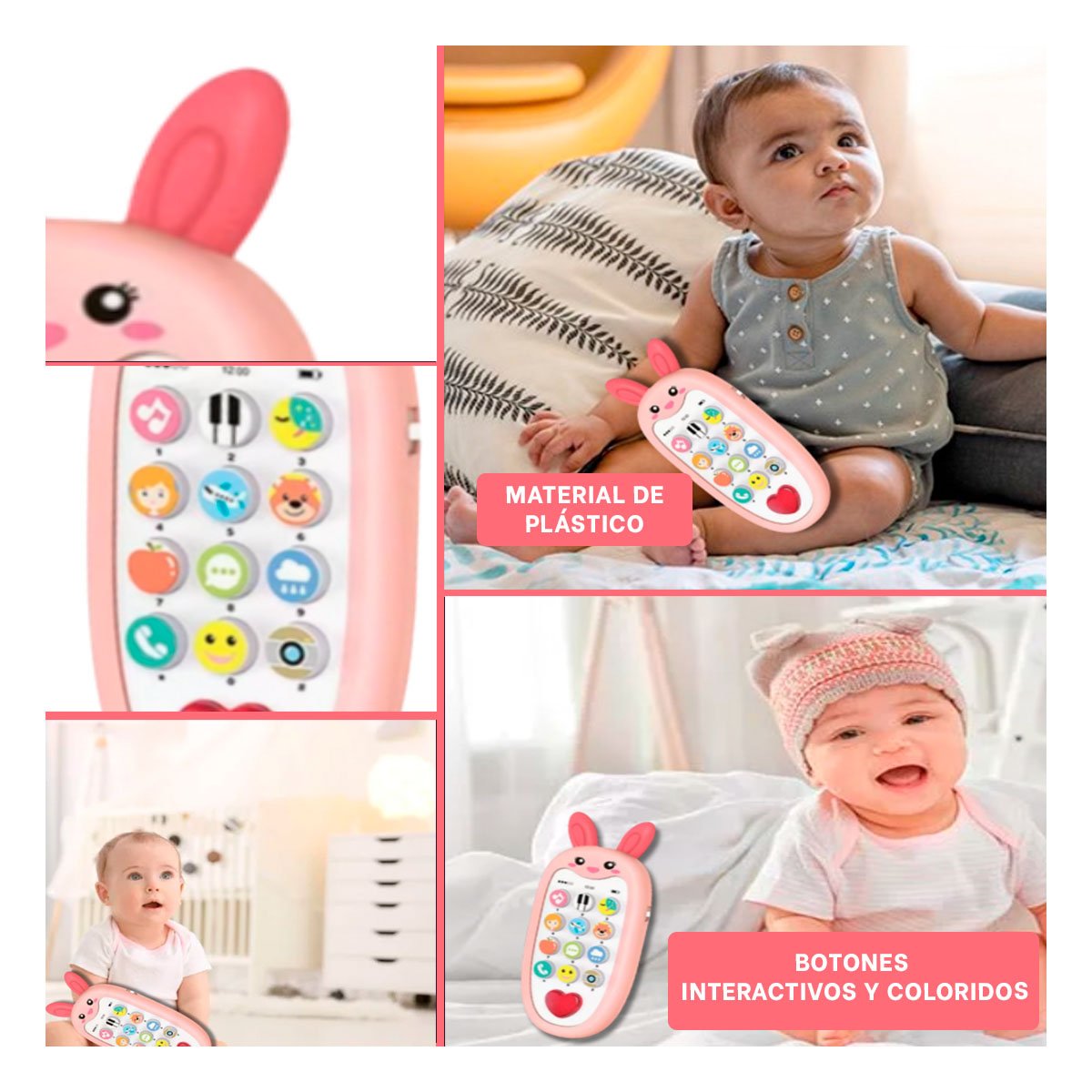 PACK2 TELEFONO MUSICAL CON FORMA DE CONEJO BILINGUE EN ROSADO INTERACTIVO Y+PAPEL REGALO - 3